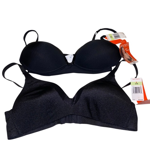 Warner's Other - Warners Bra Size 34B Wireless Soft Cup Black Smooth Satin Wire Free Lot of 2 NWT
